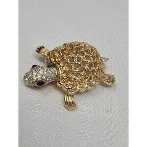Vintage JOMAZ Turtle Brooch  1950s Gold Tone Rhinestone Animal Pin Ocean Sealife